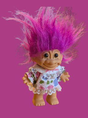 10/$25 Vintage 90s Russ Troll Doll – Flower Dress, Pink Hair (Needs TLC)